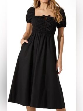 NWOT ASTR Smocked Bow Black Puff Sleeve Midi Dress